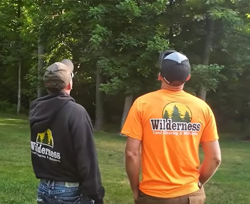 Two Wilderness Land Clearing workers looking at a tree.