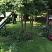 A man trimming trees in a green lift.